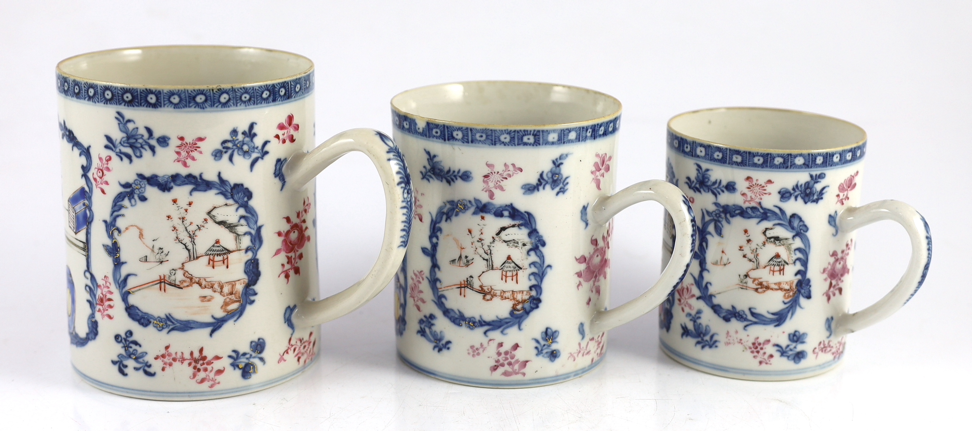 A graduated set of three Chinese famille rose mugs, Qianlong period